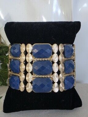 Bold Royal Blue Cabochon & Gold Tone Stretch Statement Cuff Bracelet